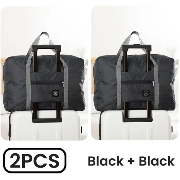 2 Pack Foldable Travel Duffel Bag for Airlines Carry on Bag Weekender Overnight Hospital Tote Bag Gym Duffel Bag Women Men Black and Black