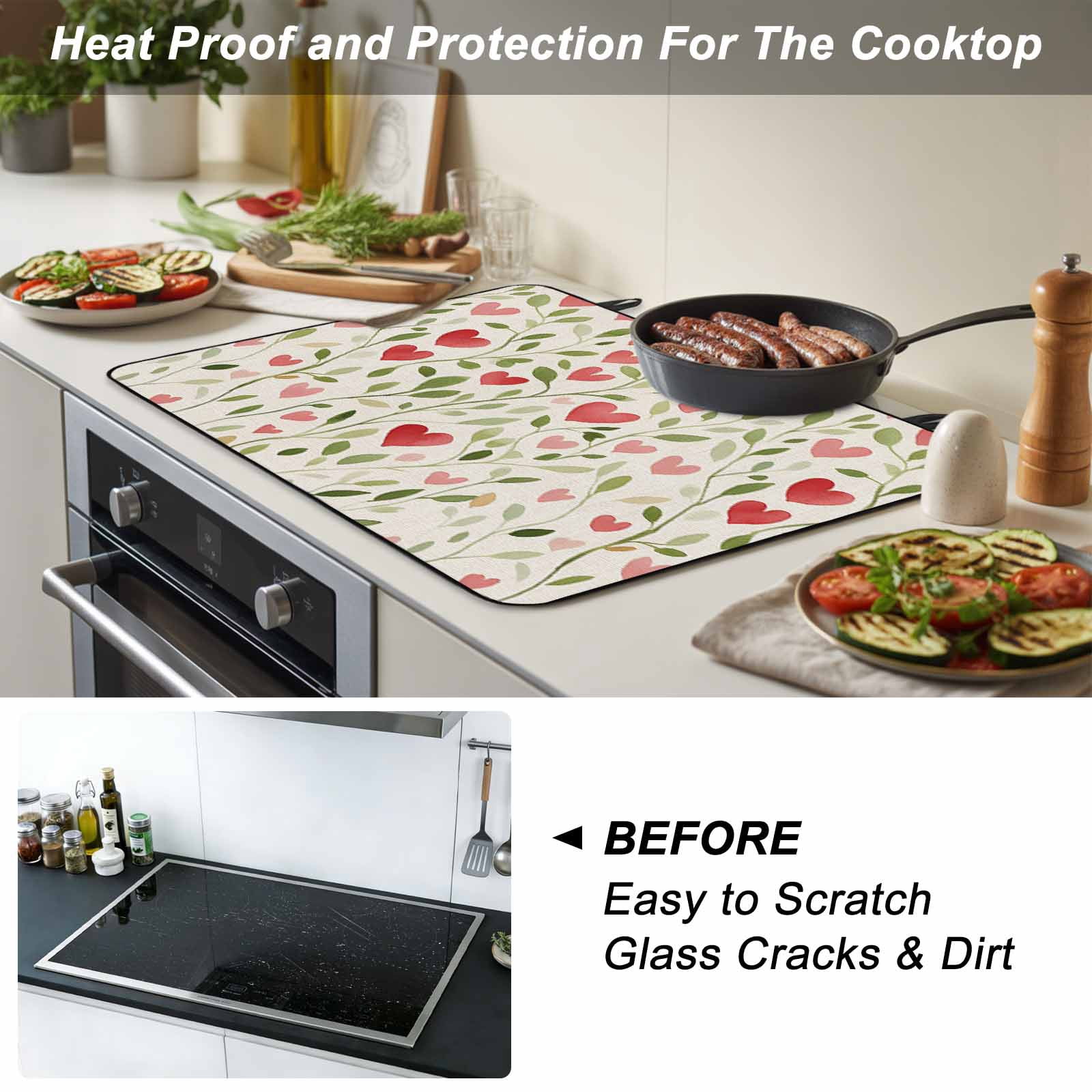 Love Heart Valentines Stove Top Cover for Electric Stove, Heat-proof & Non Slip Glass Top Stove Cover Protector, Rustic Botanical Spring Kitchen Flat Cooktop Rubber Mat 24x21 Inches