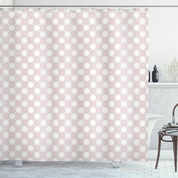 Retro Shower Curtain, Abstract Pattern with Circles and Small Triangles in Soft Pastel Colors, Fabric Bathroom Set with Hooks, 69W X 70L Inches, Pale Mauve and White, by Ambesonne