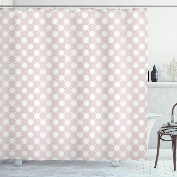 Retro Shower Curtain, Abstract Pattern with Circles and Small Triangles in Soft Pastel Colors, Fabric Bathroom Set with Hooks, 69W X 70L Inches, Pale Mauve and White, by Ambesonne
