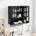 thumbnail image 4 of S-HOME Modern Minimalist Wooden Wall-Mounted Cabinet with 3 Doors, Glass and Open Storage for Bathroom and Living Room, Black, 4 of 15