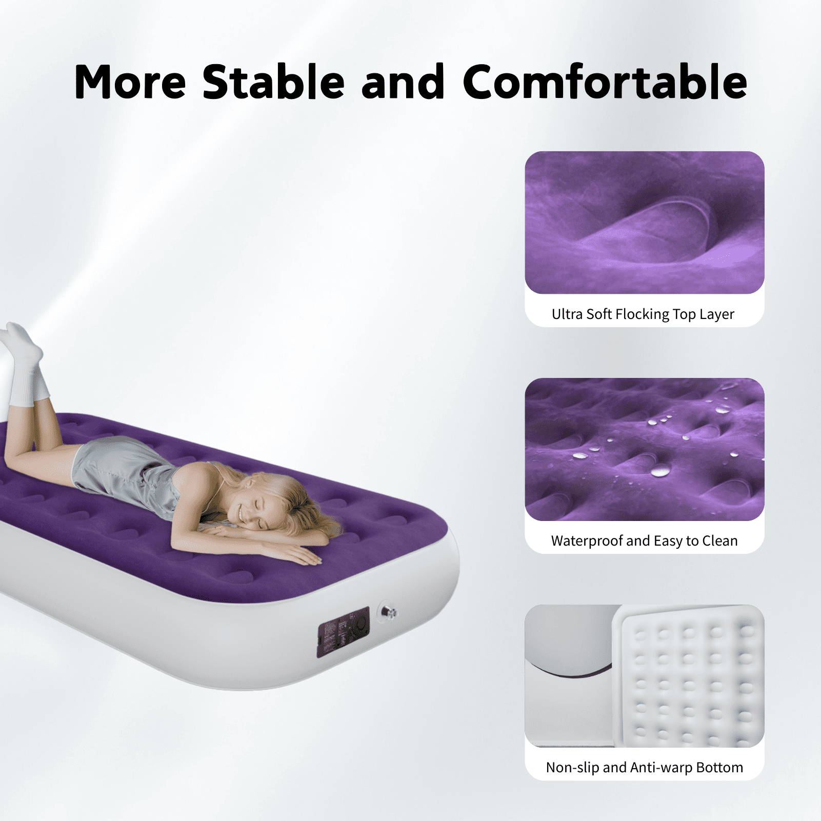 Twin 10" Top Flocking Air Mattress with Built-in Pump Raised Comfort,Fast Inflation/Deflation Foldable Portable Air Bed with Storage Bag for Home,Camping,Guests Purple