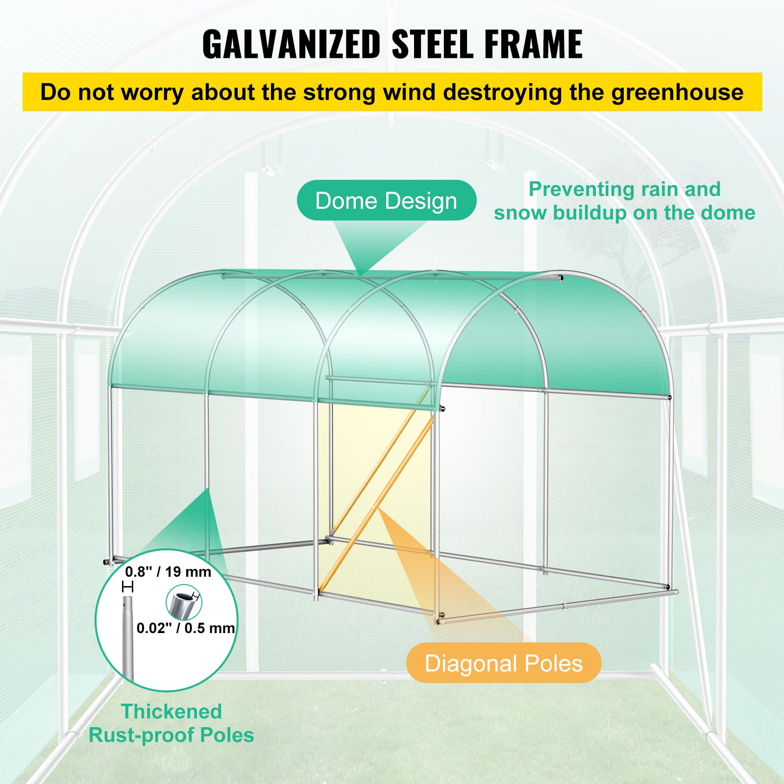 KFFKFF 12 x 7 x 7 ft Walk-in Tunnel Greenhouse, Portable Plant Shelter with Galvanized Steel Hoops, Top Beam, Diagonal Poles, Zippered Door & Roll-up Windows, Green