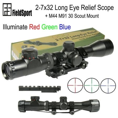 Field Sport 2-7x32 Long Eye Relief Illuminate Red Green Blue Plex Scope + M44 (Rifle Scope With Best Eye Relief)
