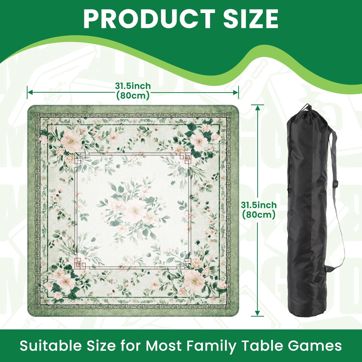 Mahjong Mat 31.5" x 31.5" Floral Green Accents Soft Pink Flowers Non-Slip Noise Reduction American Mahjong Tiles Table Cover for Dominoes Poker Card Board Games Gift