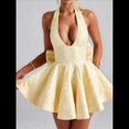 thumbnail image 4 of Vestido de Cóctel de Noche para Mujer, Sin Mangas, con Escote Halter, Lazo y Escote en V Profundo Amarillo L, 4 of 7