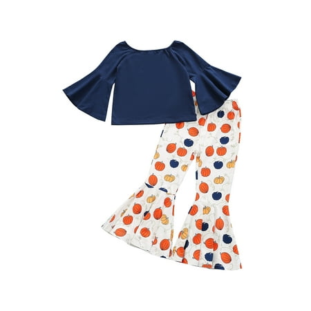 

Sunisery 2PCS Toddler Infant Kids Baby Girls Long Flared Sleeve Tops Pumpkin Flared Trousers Set Blue 2-3 Years
