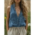 thumbnail image 5 of Clearance! Women Spring V Neck Pocket Sleeveless Cotton Linen Casual Vest XXL Size Blue, 5 of 6