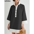 thumbnail image 3 of VONDA 2024 Fashion Mini Dress Summer Sundress Women Turn-down Collar 3/4 Flare Sleeve Casual Loose Patchwork Party Short Vestido, 3 of 5
