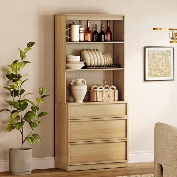 Modern 72" Tall 31.5" Wide Wood Sideboard Buffet with 3 Drawers & Open Shelves for Dining Kitchen,Oak