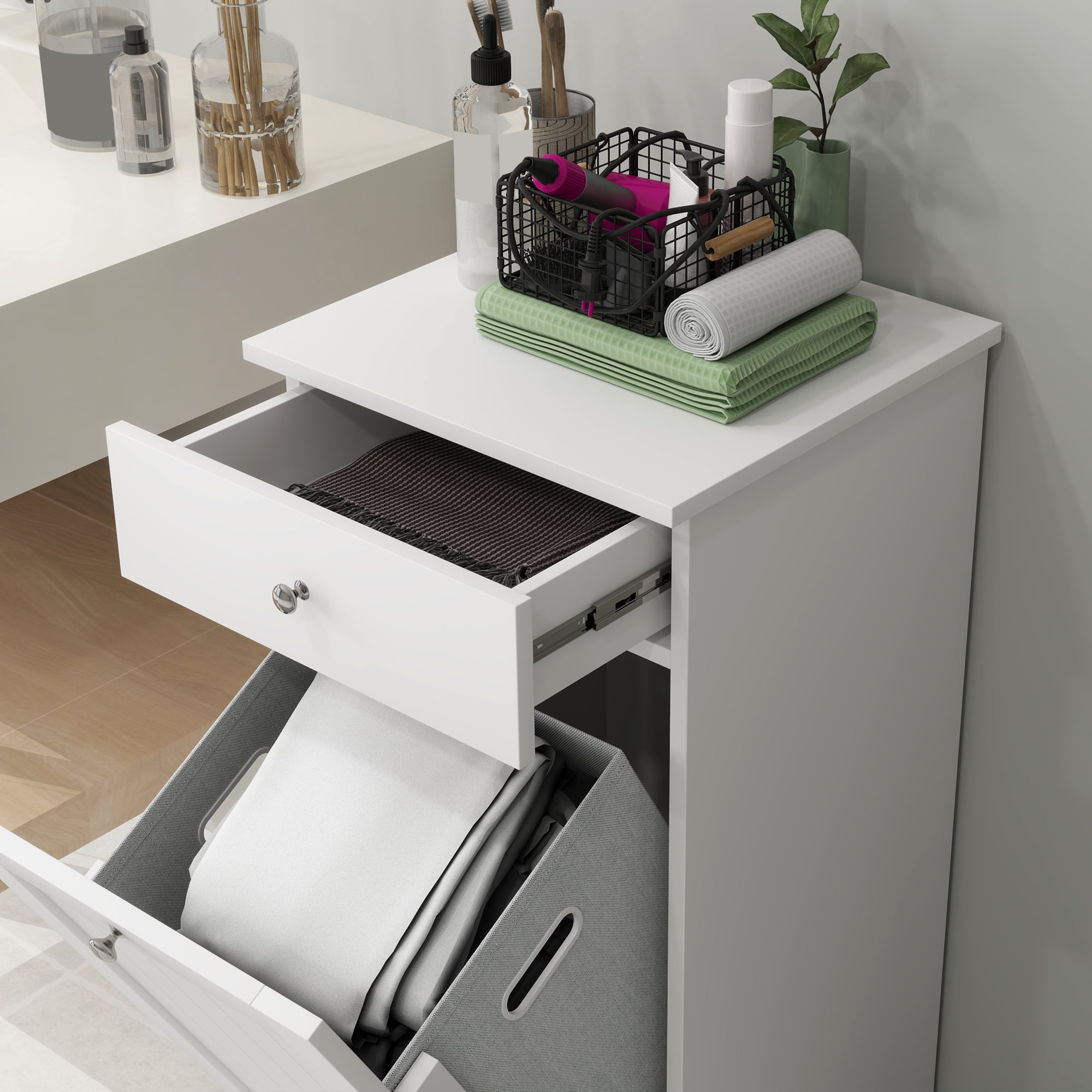 HOMCOM Tilt Out Laundry Hamper, Laundry Hamper Cabinet with Basket, Laundry Cabinet Bathroom Storage Cabinet with Drawer, White