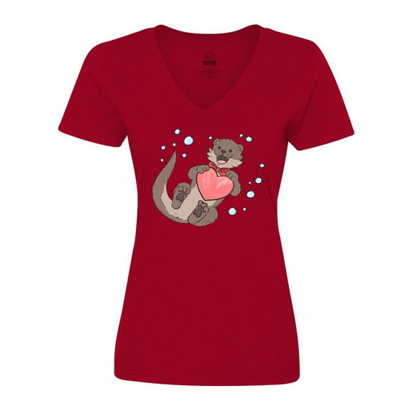 Inktastic Cute Smiling Valentine's Day Otter with Heart Women's V-Neck T-Shirt