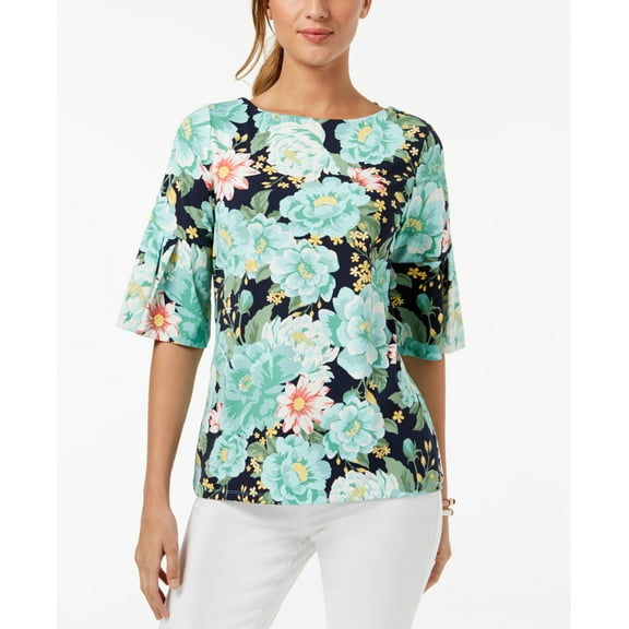 Charter Club Petite Printed Ruffle Sleeve Top Intrepid Blue Combo PXS