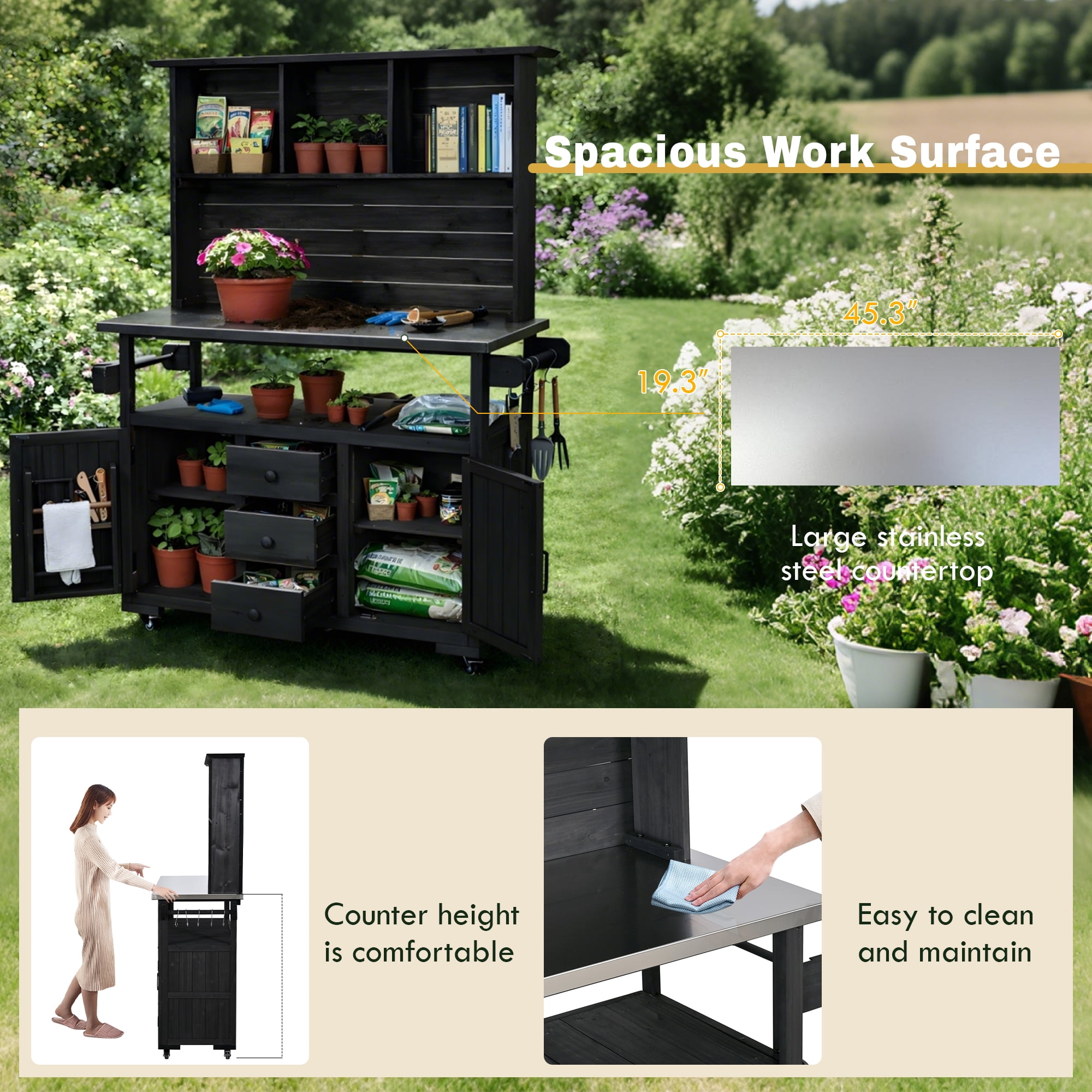Mintazer Outdoor Storage Potting Bench with Stainless Steel Top, 65"H Wood Garden Potting Station with Lockable Wheels and Drawers & Side Hooks, Black