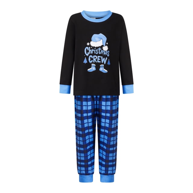 Conjunto de pijamas navideños familiares a juego con estampado de cuadros y letras. Pijamas de vacaciones para papá, mamá y niños.