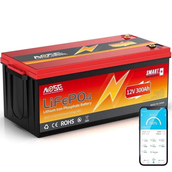 12V 300Ah LiFePO4 Lithium Battery Bluetooth,MOSEWORTH for RV,Solar,Trolling Motor,Caming,Marine,Van,Solar,Built in 200A BMS,Max.3840Wh,Low Temp Cut off