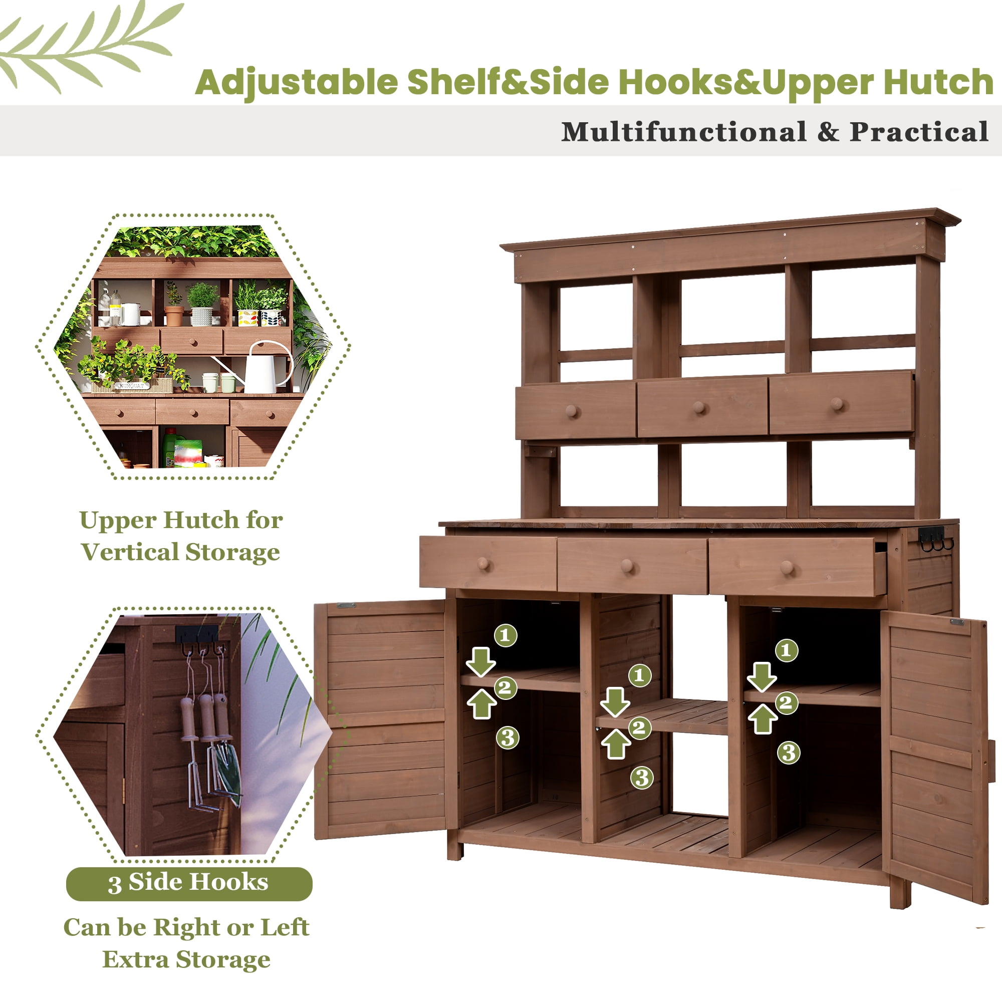MAYEERTY 65.7" Tall Garden Potting Bench Table with Hutch – Rustic Outdoor Workstation with 3 Shelves, 6 Drawers, 2 Cabinets & Side Hooks