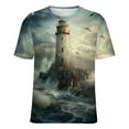 thumbnail image 5 of Lighthouse Sunrise Coast Scenery Pale Blue Tan Womens Tops Women's Fashion Casual Short Sleeve Flower Print Round Neck Pullover Top Blouse, 5 of 6
