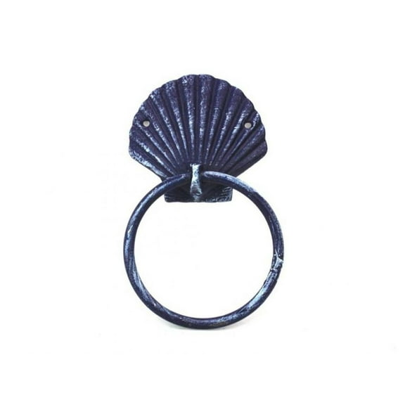 Hampton Nautical Rustic Seashell Towel Holder 8.5" Decoration-Antique Vintage Cast Iron, Solid Dark Blue