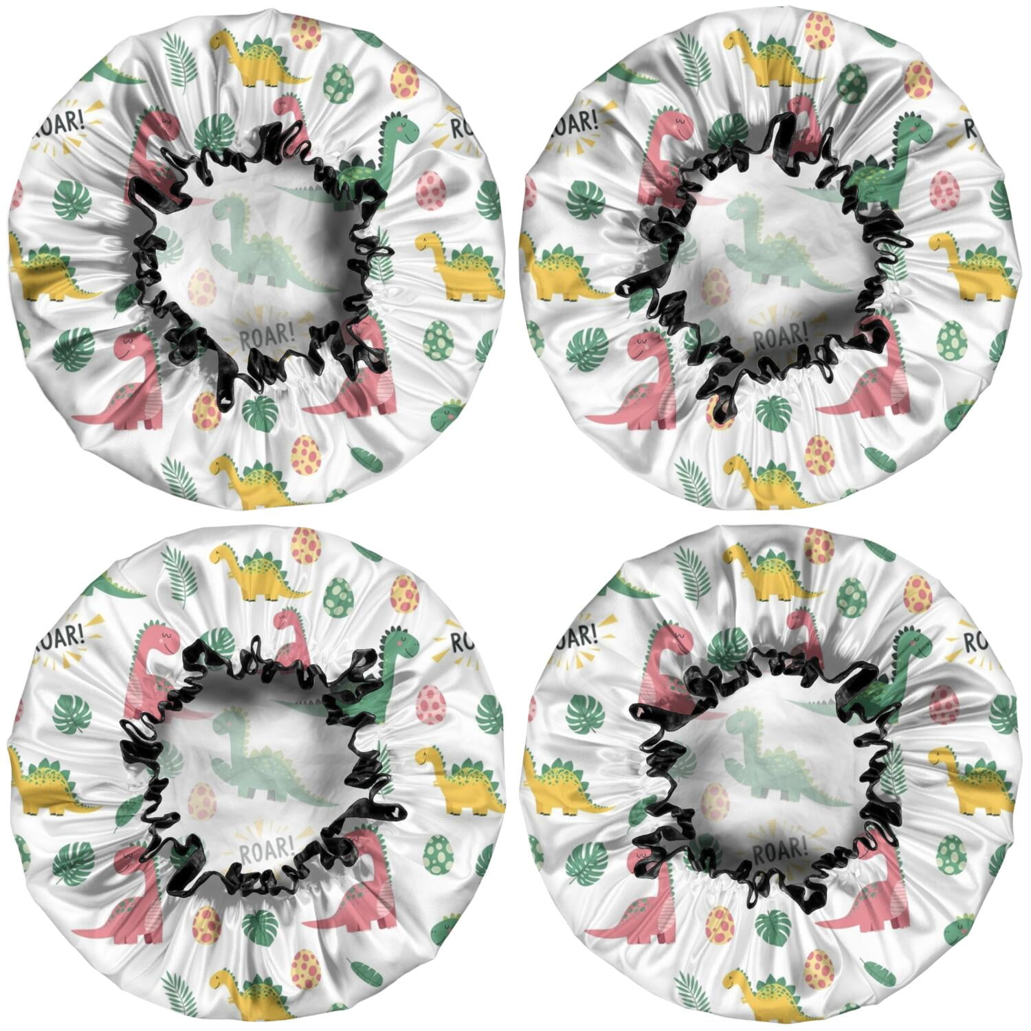 Shower Caps,White Cartoon Dinosaurs Roar Pattern Waterproof Shower Cap for Women 4 Pieces,Double Reusable Hair Cover for Shower PEVA Elastic Stretch Hem