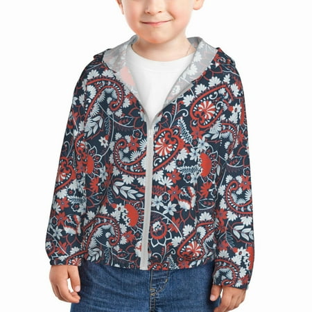 

Sun Hoodie for Kids Paisley Print red Long Sleeve Swim Fishing Shirts Sun Protection Zip Up Jacket Clothing Athletic Hoodie
