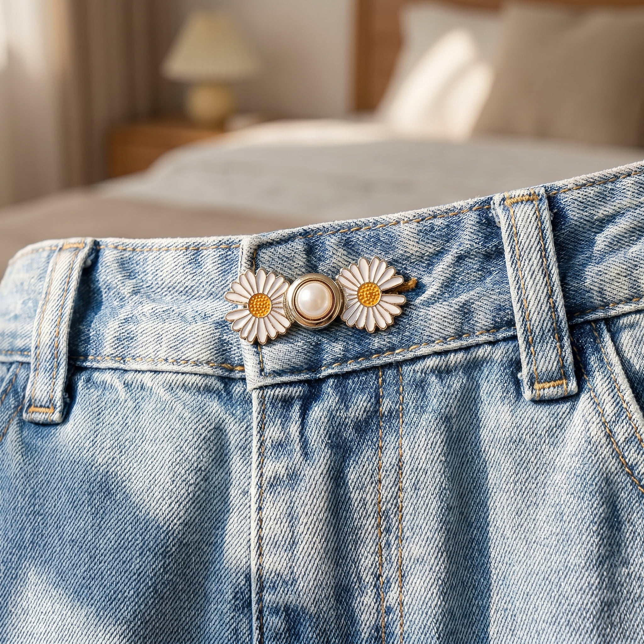 Pant Waist Tightener, Detachable Jean Buttons for Loose Jeans, No Sew and No Tools Button Pins for Jeans, Adjustable Jean Buttons Pins, Daisy Little bear Flower Instant Pants Button Tightener 4 Sets