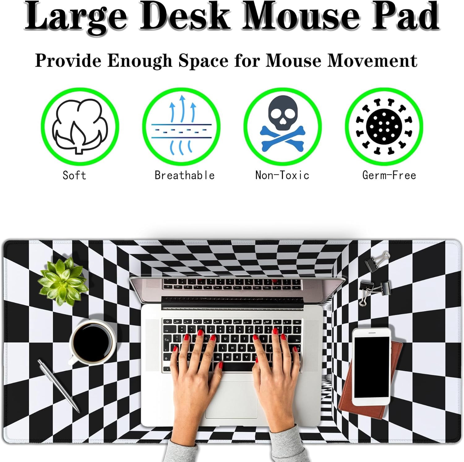 Desk Mouse Pad Black and White Pad for Table, XXL Mouse Pads Gaming Pad, Gaming Keyboard and Mouse Pad Waterproof Non-Slip Rubber Base, 35.4 X 15.7 inch for Work/Game/Office/Home Checkered