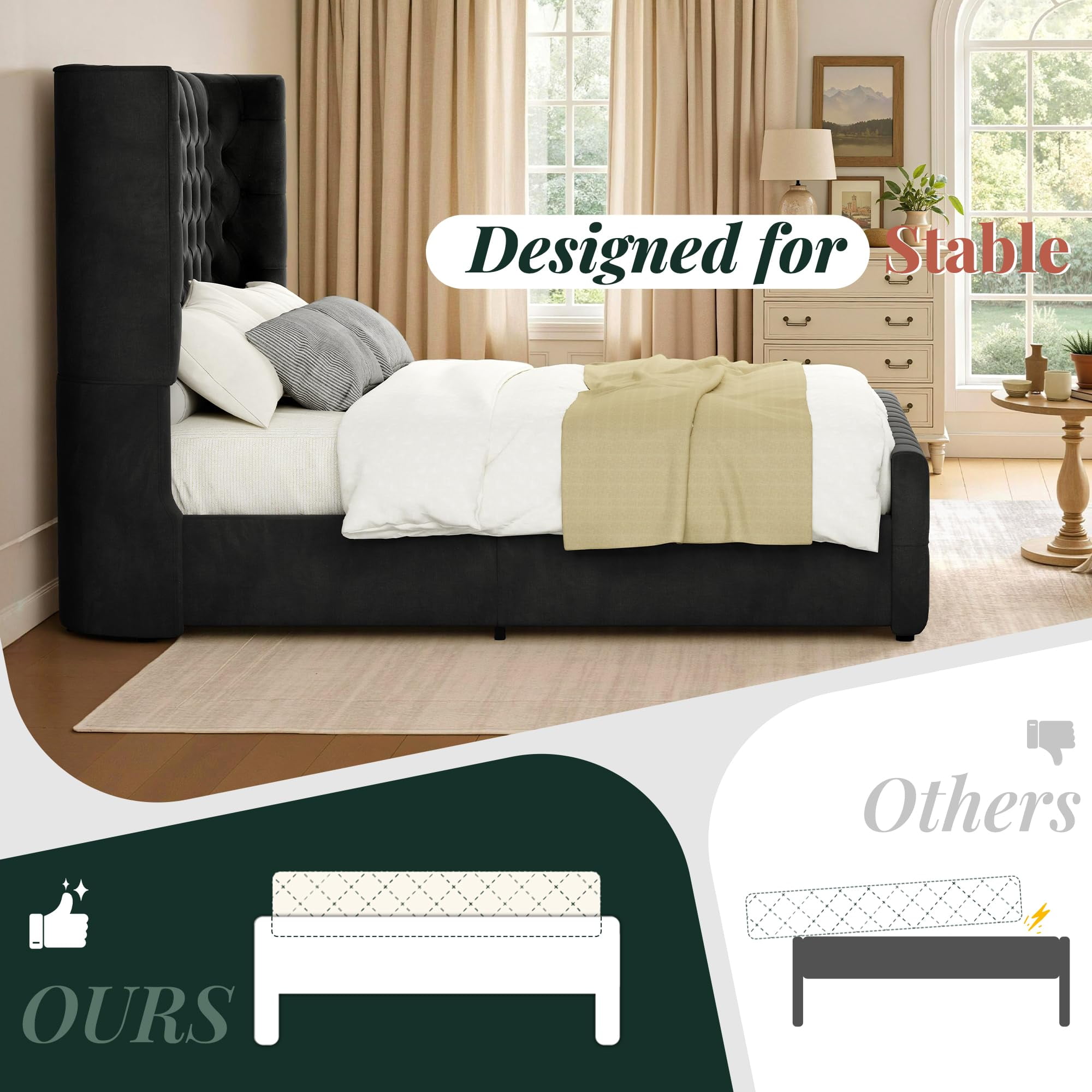 Amerlife Queen Bed Frame with 49” Upholstered Wingback Headboard, Noise-Free Platform Bed with Steel Frame and Slip-Resistant Edges, Black