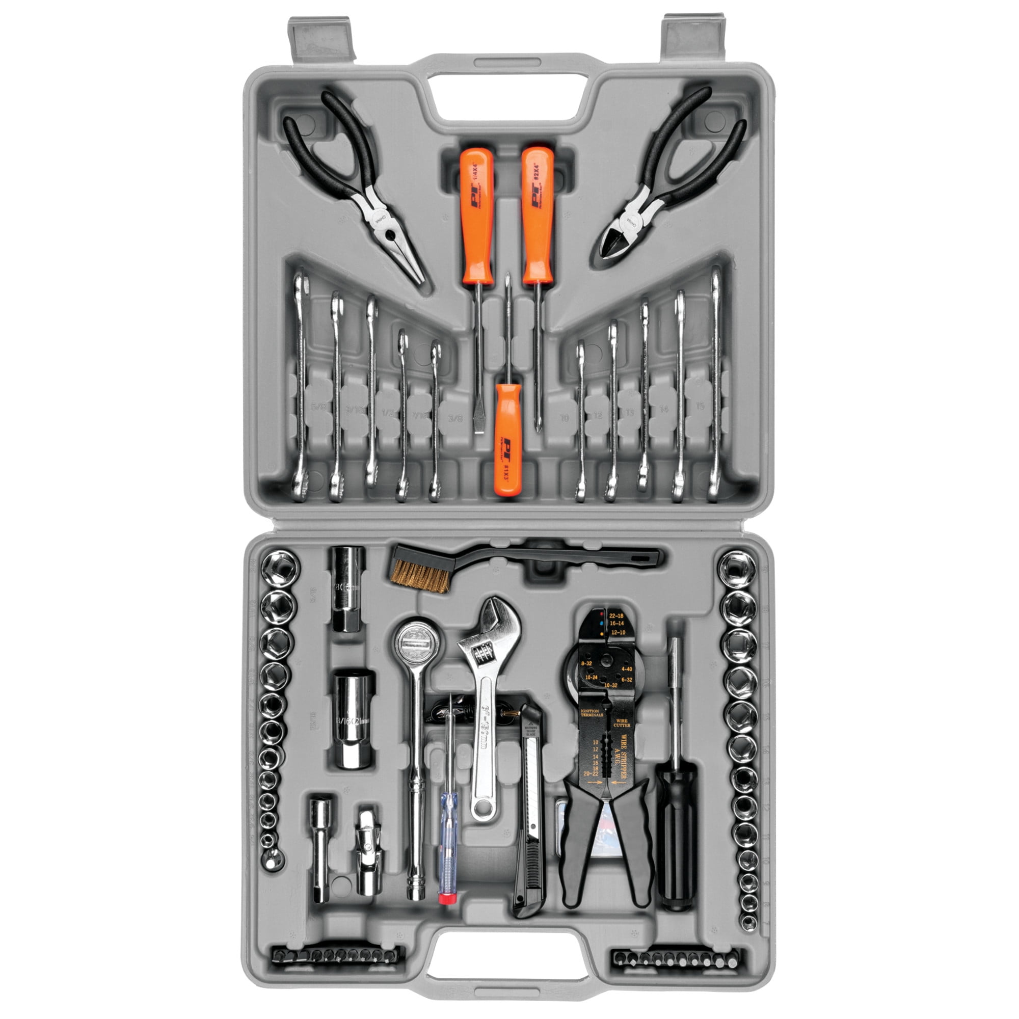 Performance Tool W1193 SAE/Metric Multi-Use Tool Set, General Household Hand Tools, Auto Repair Tool Set, with Plastic Toolbox Storage Case, Gray, 119-Pieces