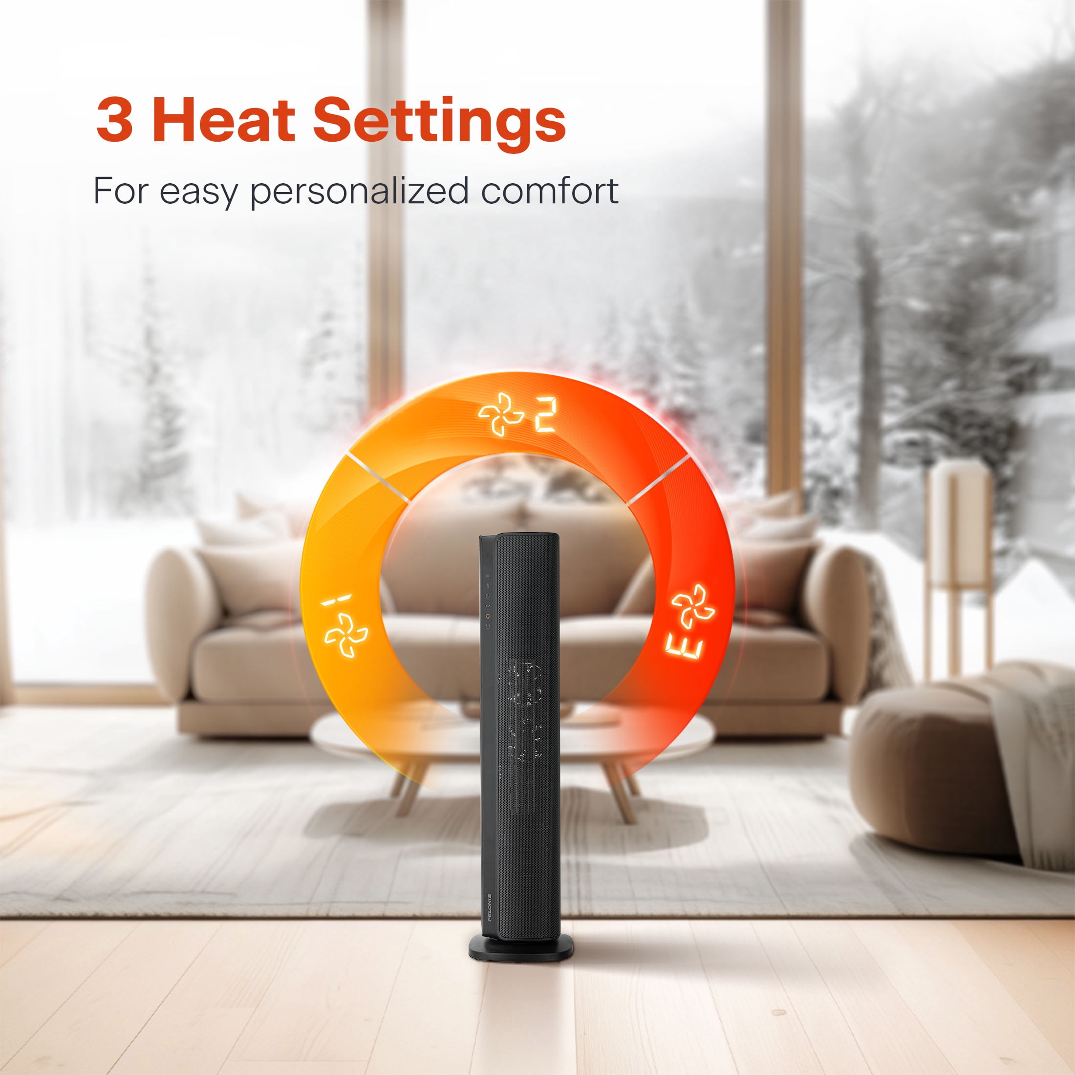 (3 pack) Pelonis 30” Tower Heater, 3 Heat Settings, Digital, Auto Shut Off, 1,500 Watts, Black