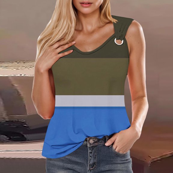 Womens Tank Top $4.98 Plus Size Sleeveless V-neck Printing Loose T-shirt Blue M