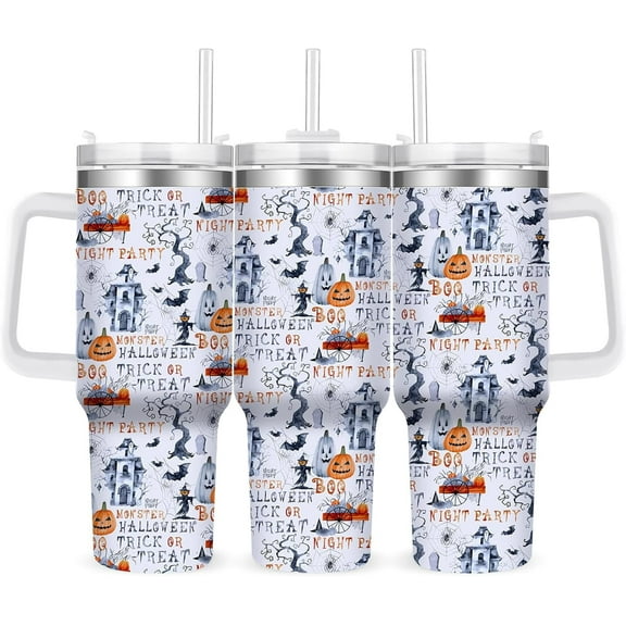 Halloween Tumbler with Handle Happy Halloween Gifts for Women Men - 40oz Halloween Tumbler with Lid Straw -Halloween Present with Glost Pumpkin Spider Bat for Kids