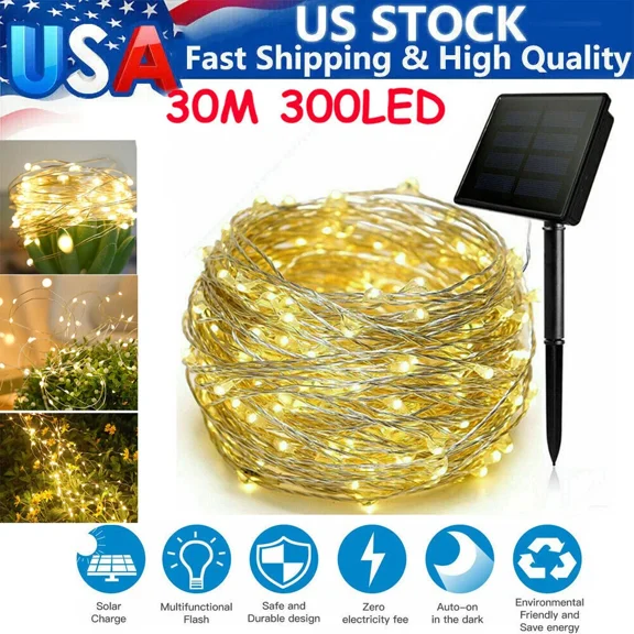 Solar Fairy String Light 300Led 98Ft Copper Wire Waterproof Garden Decor Outdoor
