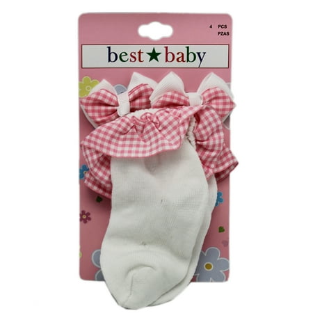 Pink and White Flannel Hemming Design Socks and Elastic Bow (1