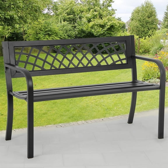 45 Inches Outdoor Garden Bench with Floral Pattern Backrest, Metal Legs for Porch Yard Lawn Patio Bench, Black