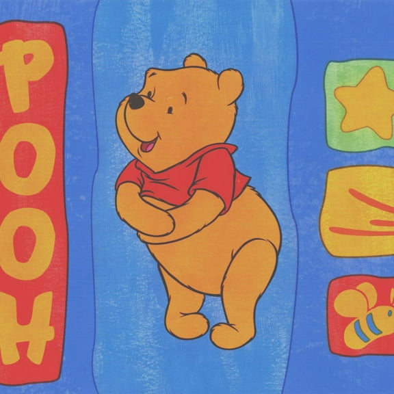 Concord Wallcoverings Peel and Stick Self Adhesive Kids Wallpaper Border, Pooh Bear for Play Room Nursery Room, Blue Orange Red Green, 15 ft by 5 in 2201
