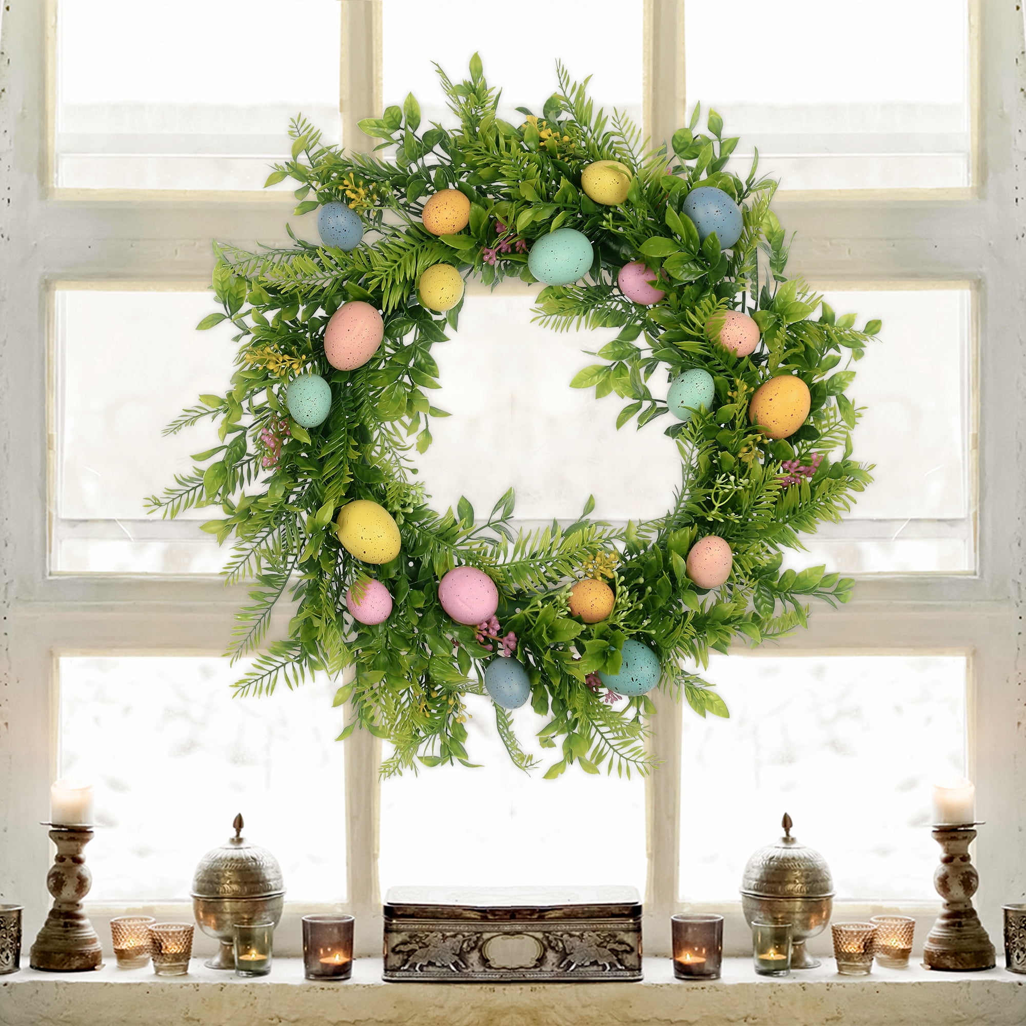 Unique Bargains Easter Wreath Artificial Colorful Eggs Wreaths for Front Door Decor Green