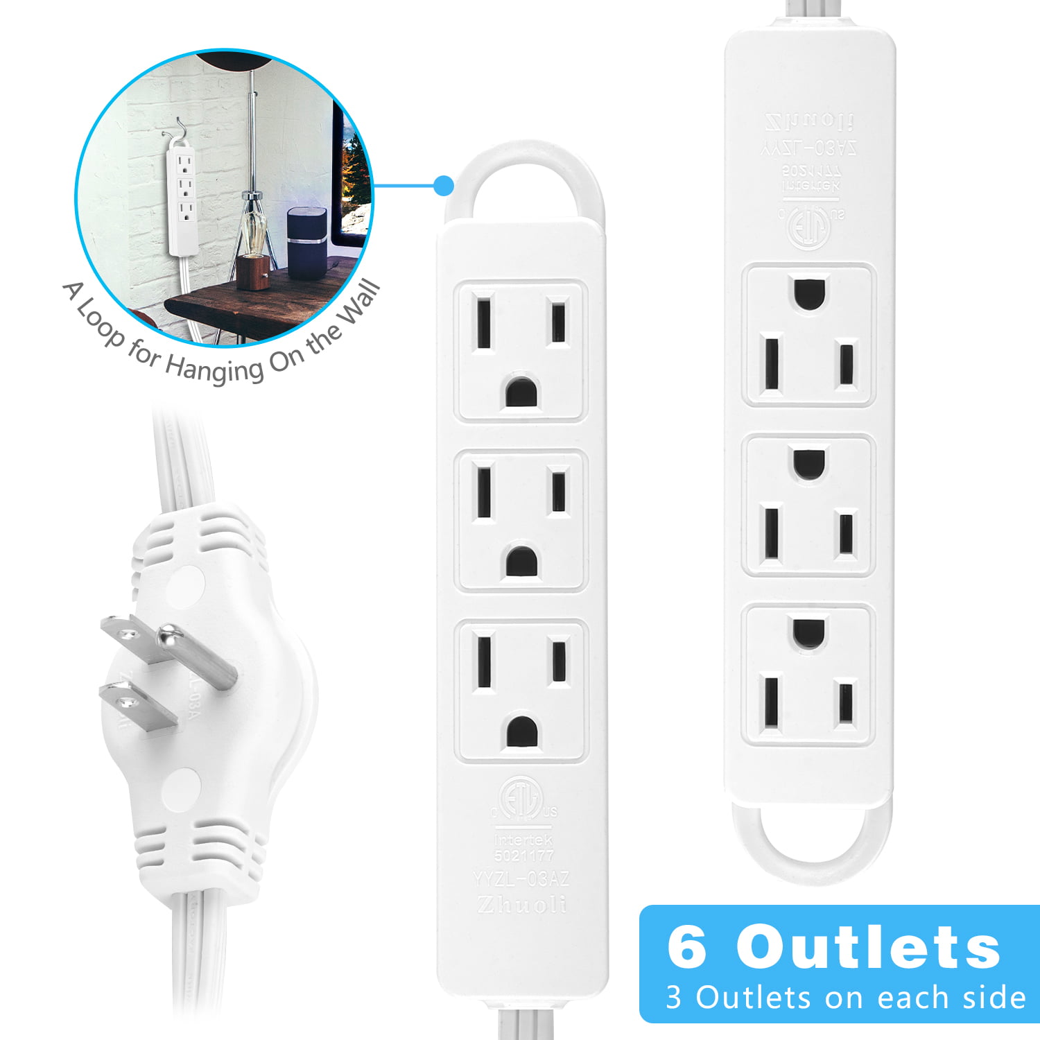 Twin Extension Cord Power Strip - 12 Foot Cord - 6 feet on Each Side - Flat  Head (Wall Hugger) Outlet Plug - 6 Polarized Outlets with Safety Cover