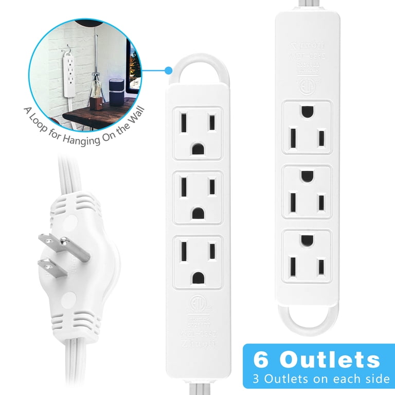 12-Foot Twin Extension Cord Power Strip – 6 Outlets (3 On Each Side), 16AWG, Flat Plug For Behind Furniture (Black)