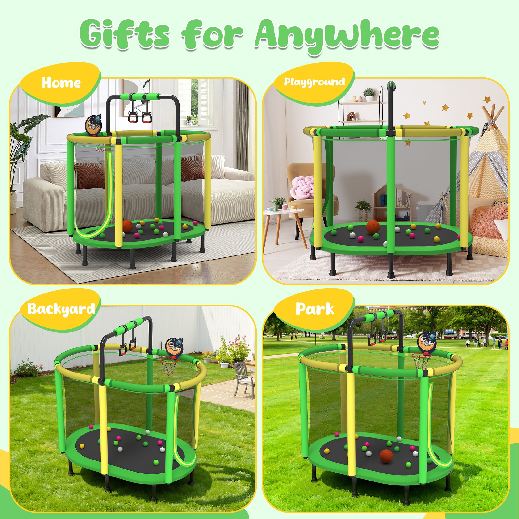 60" Trampoline for Kids with Basketball Hoop, SHINPT Recreational Trampolines with Safety Enclosure Net, Mini Outdoor Trampoline with Adjustable Gymnastics Bar, Easy Assembly, Outdoor, Indoor