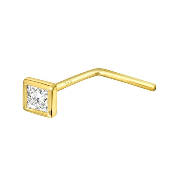 22G 14K Yellow Gold L-Shape Nose Stud Bezel Set 0.05ct Princess Cut Diamond - April Birthstone Nose Ring - LSYG_PWD2