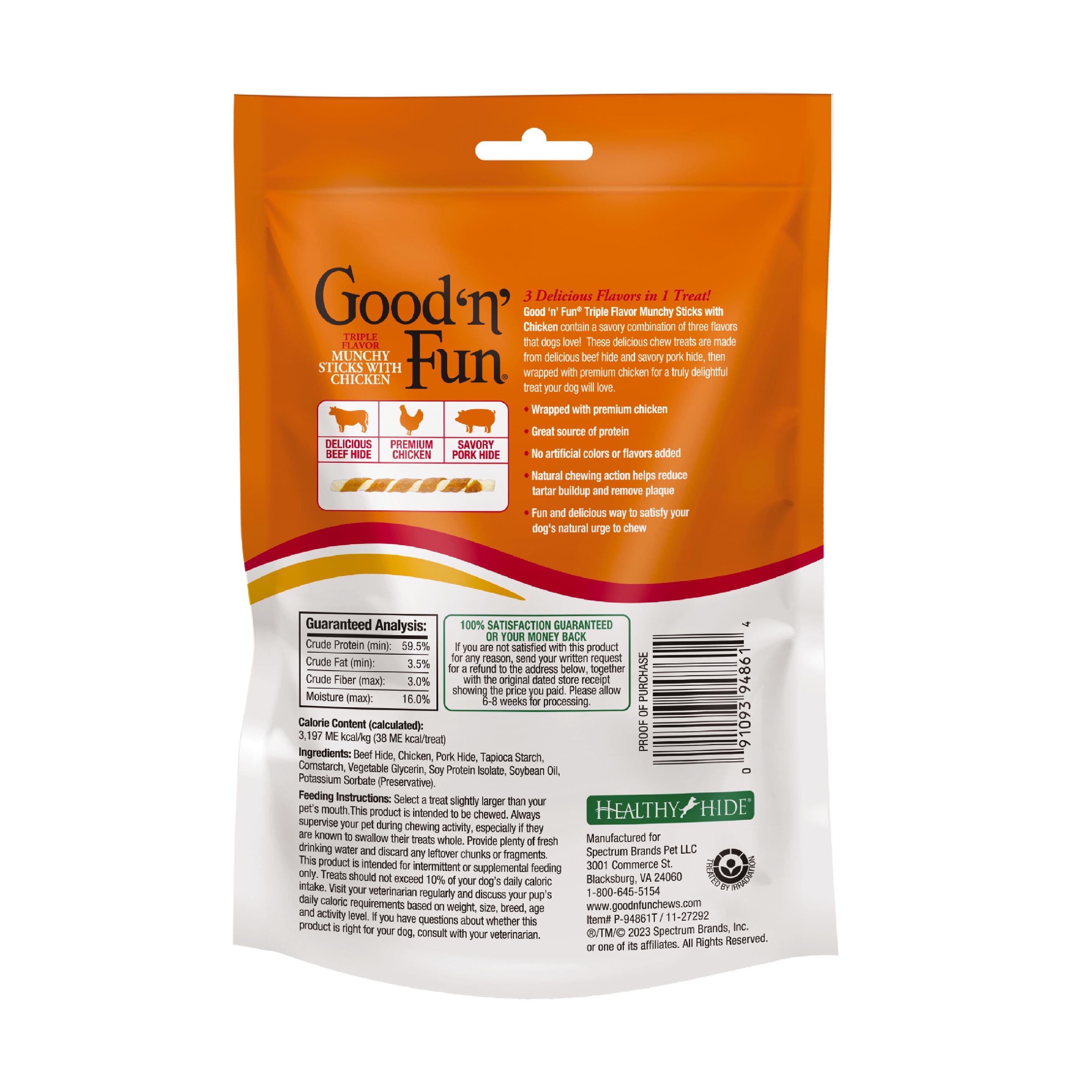 Good ‘n’ Fun Triple Flavor Munchy Sticks Chews for Dogs, Snack for All Dogs Made with Beef Hide, Chicken and Pork Hide, 10 Count