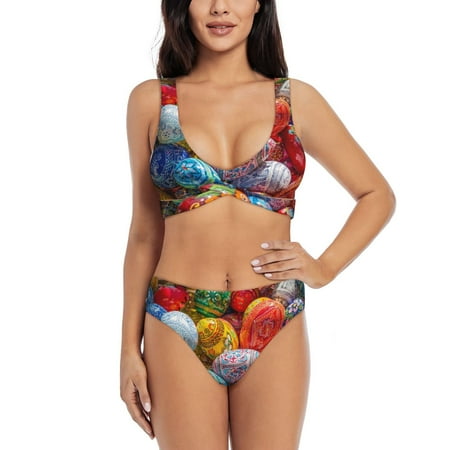 Zeuib Easter Eggs High Waisted Tummy Control Bikini Set - Knot Front Push Up Top & Cheeky Thong Bottom  Two-Piece Swimsuit for Women-Large