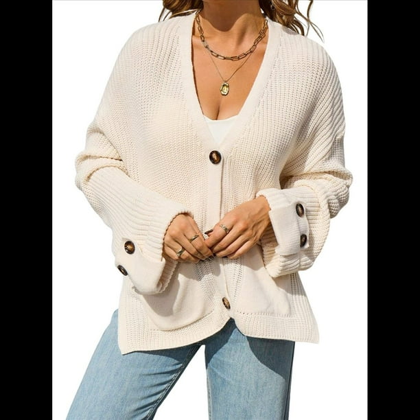 Suéter de Punto Grueso para Mujer, Cárdigan de Larga con Cuello en V, Botones y Bolsillo para Otoño e Invierno. Albaricoque L