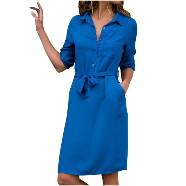 Vestido de tres cuartos de otoño de moda informal suelto con bolsillo de Color sólido y cuello vuelto para mujer Fridja nbo619