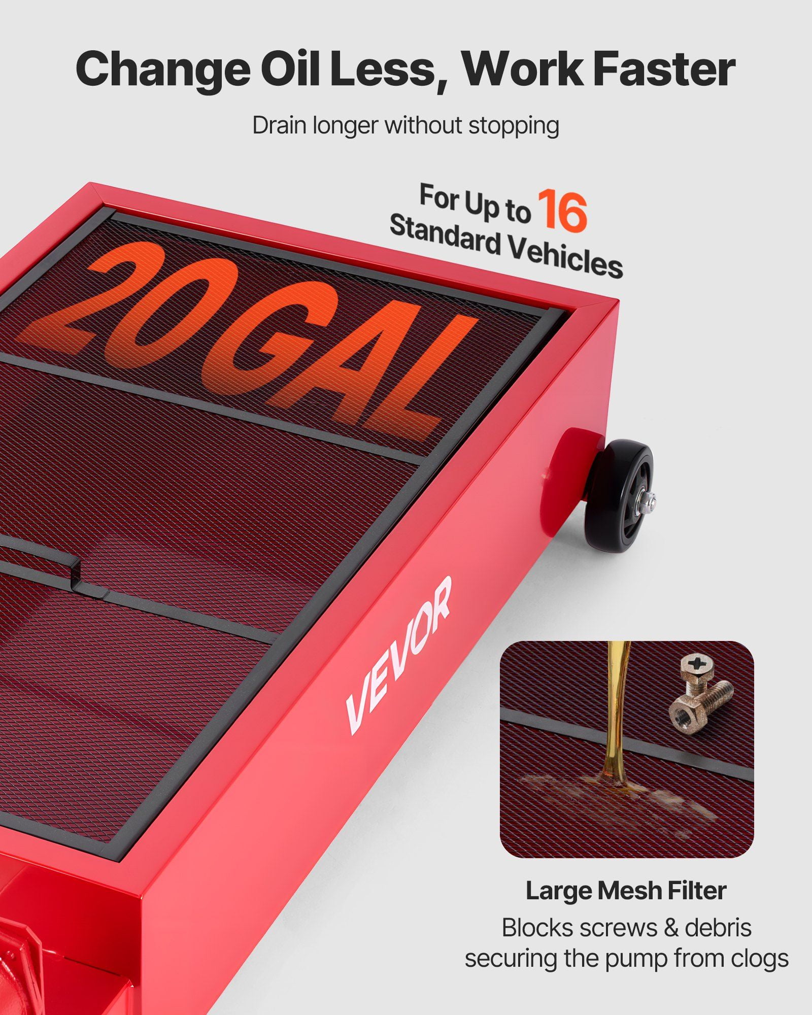 Low Profile Oil Drain Pan, 20 Gallon Capacity, Rolling Oil Drain Pan with Manual Pump, 7.2 ft Hose & T Folding Handle, Leak-proof & Corrosion-resistant, Fit for Cars, SUVs, Trucks, ATVs, Red