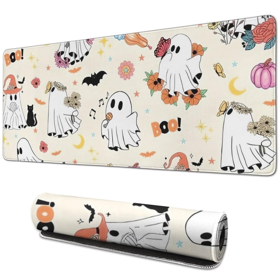 Long Mouse Pads for Desk,Halloween Cute Ghosts with Boo Desk Mats on Top Of Desks, Desk Mouse Pad Extra Large with 3mm Non-Slip Base and Stitched Edge for Gaming,Office,Work,Home 31.5"x11.8"