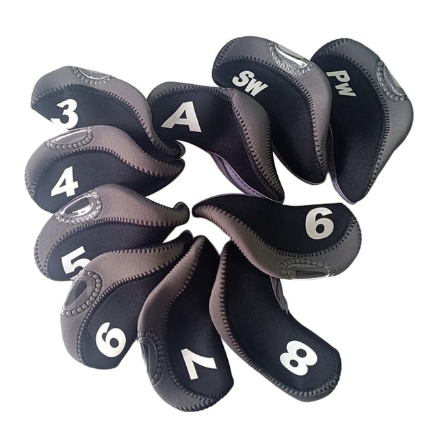 Juego de 10 fundas para palos de golf para hierros con ventana superior 3, 4, 5, 6, 7, 8, 9, A, PW, gris negro Zulema Cubiertas de hierro de golf