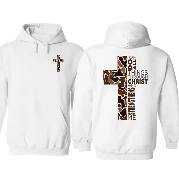 Christian 2 Sided Camo Cross Graphic Hoodie, Christmas Unisex Graphic Hoodie, Casual Outfit, Comfortable Menswear & Womenswear Top, Perfect Xmas Gift For Men And Women