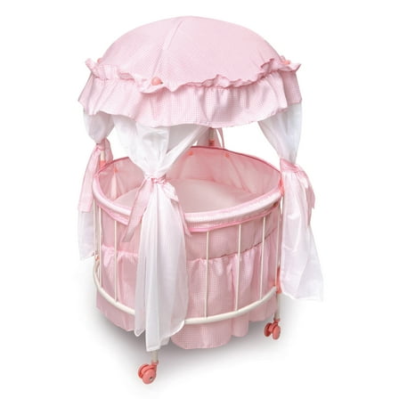 Royal Pavilion Round Doll Crib with Canopy and Bedding - Pink/White